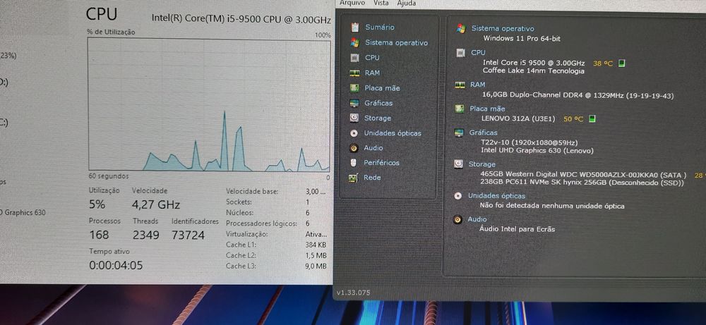 Pç Lenovo M720s 9ªG|I5.9500-3.0G|16G|NVMe256+HDD500|Wf5G+BT|TPM2.0|W11