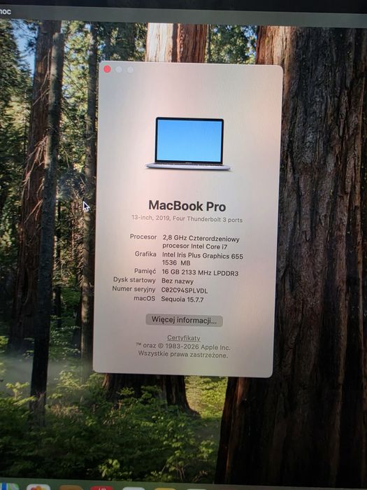 Macbook pro 13". 2019. I7, 16gb ram. Jak nowy. MacOS, windows10