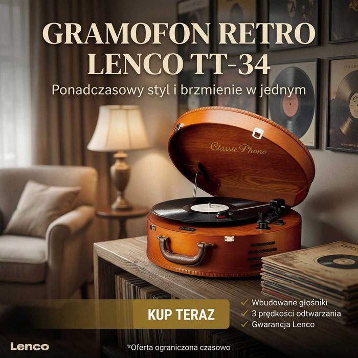 Gramofon Retro Drewniany – Lenco TT-34, Wbudowane Głośniki, Piękny Klasyczny Design