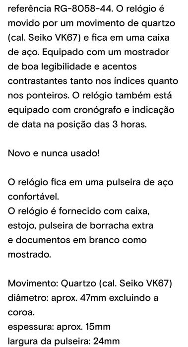 Relógio RGMT, estilo militar cronógrafo, novo