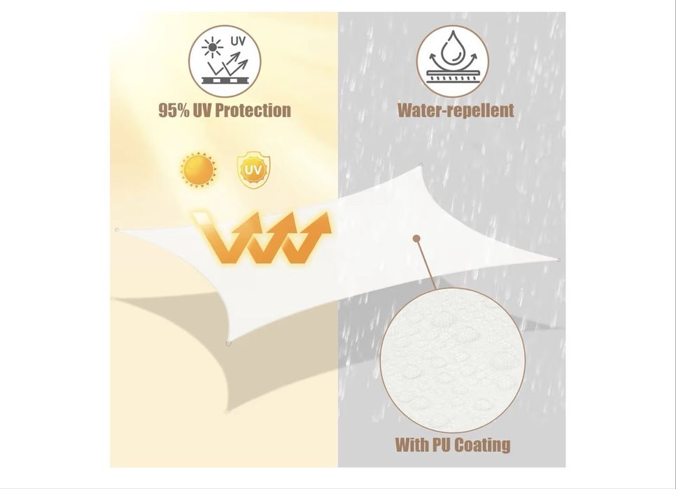 Toldo solar, impermeável, triângulo 5x5x7 m, creme/branco