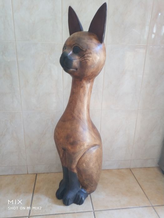 Estátua de Gato em Madeira Maciça – 1 Metro – Peça Decorativa Única