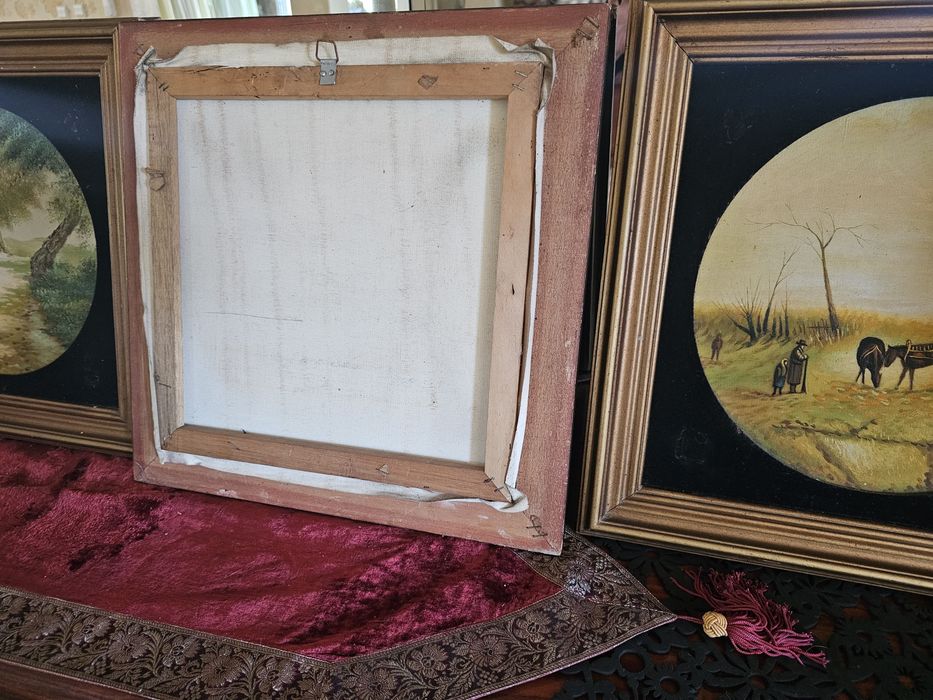 Komplet  4 Okrągłych Obrazów 45x45   'Cztery pory roku' malarstwo   Włochy 1960r