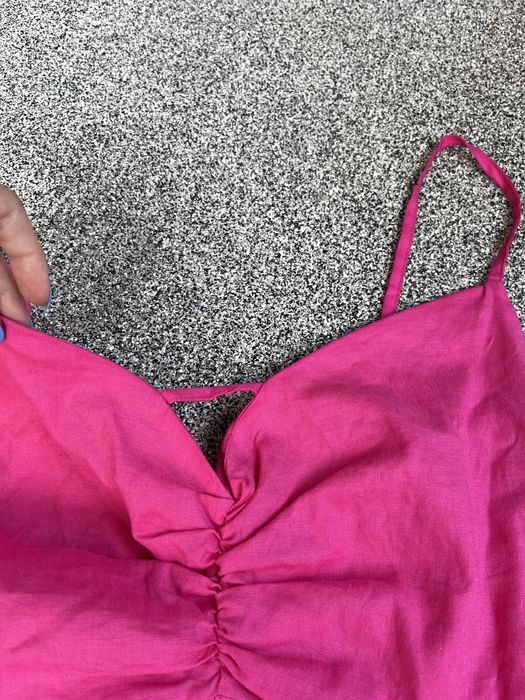 ZARA nowa obcisła lniana sukienka drapowana różowa krótka mini len S