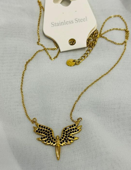 Złoty naszyjnik anioł cyrkonie stal chirurgiczna nierdzewna