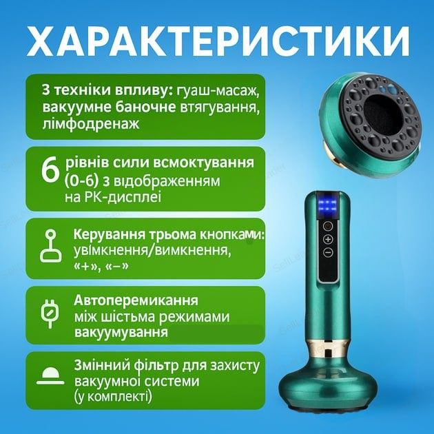 Вакуумний антицелюлітний масажер з дісплеєм, 6 режимами і олією