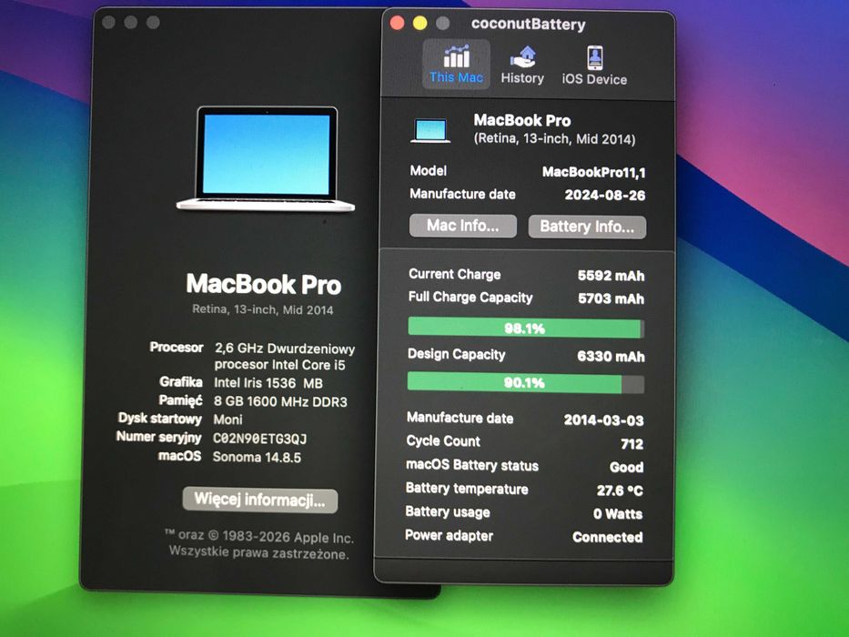 Apple dwa Macbooki AIR A1466/PRO A1502 i5 4/8GB 128 GB 2014 bat. bdb