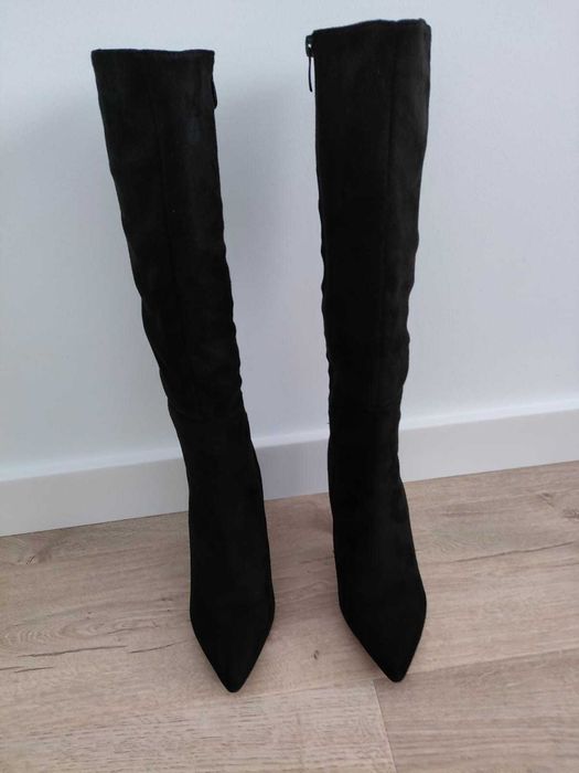 Kozaki damskie zamszowe na słupku czarne rozmiar 36