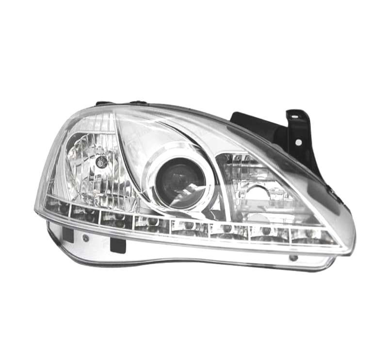 FARÓIS FRONTAIS PARA OPEL CORSA C LUZ DIURNA LED 00-06 FUNDO CROMADO