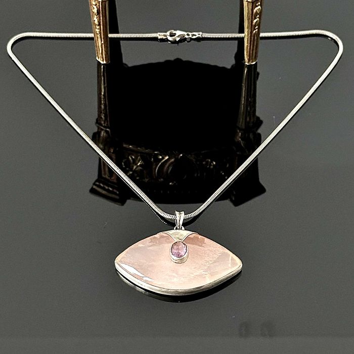 Srebrny naszyjnik z Różowym Kwarcem i Ametystem ok. 1970r. próby 925