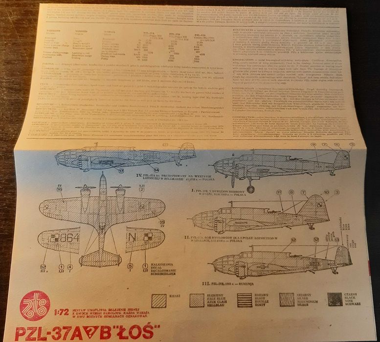 ZTS Plastyk PZL-37 A/B ŁOŚ model 1:72 duże pudełko