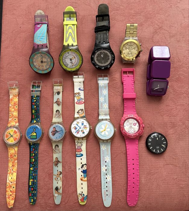 Vários Swatch antigos. 1 Nixon. Estão sem pilha. Não tenho a certeza se estão todos a funcionar, mas dão para tirar peças.
