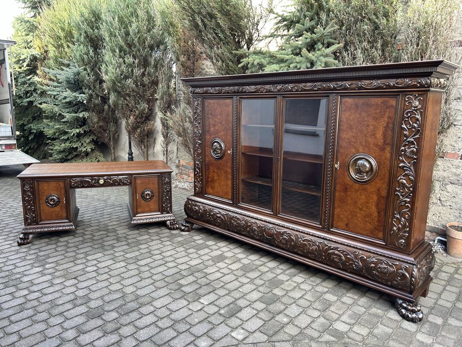 Antyczna Biblioteka Szafa+ Biurko Lwie Łapy Gabinet Antyk Po Renowacji