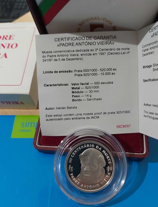 500$00 de 1997, lll Centenário morte Padre António Vieira Prata proof