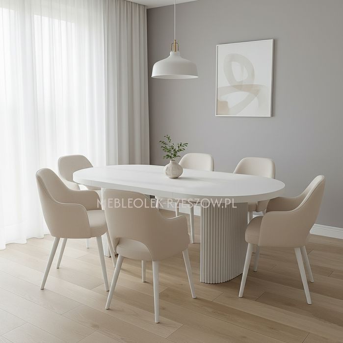 Stół okrągły rozkładany z ryflowaną podstawą, lamel, kaszmir