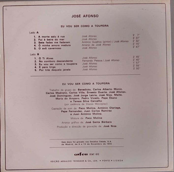 José Afonso	- - - - -		Eu Vou Ser Como a Toupeira	- - - - -	LP