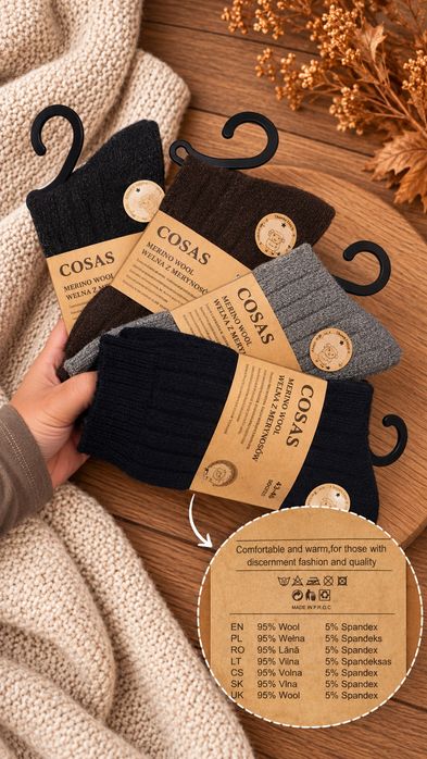 Skarpety męskie z wełny merino. 95% wełna. 4 pak