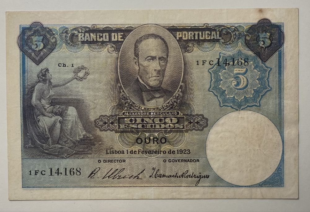 Nota 5$00 Escudos Ch.1 Alexandre Herculano 01/02/1923 RARA