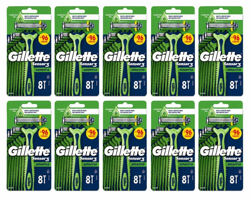 **Gillette Sensor3 Sensitive 10x8 szt 80 maszynek Mega Pack Oryginał Jednorazowe 3 Ostrza Comfort Gel**