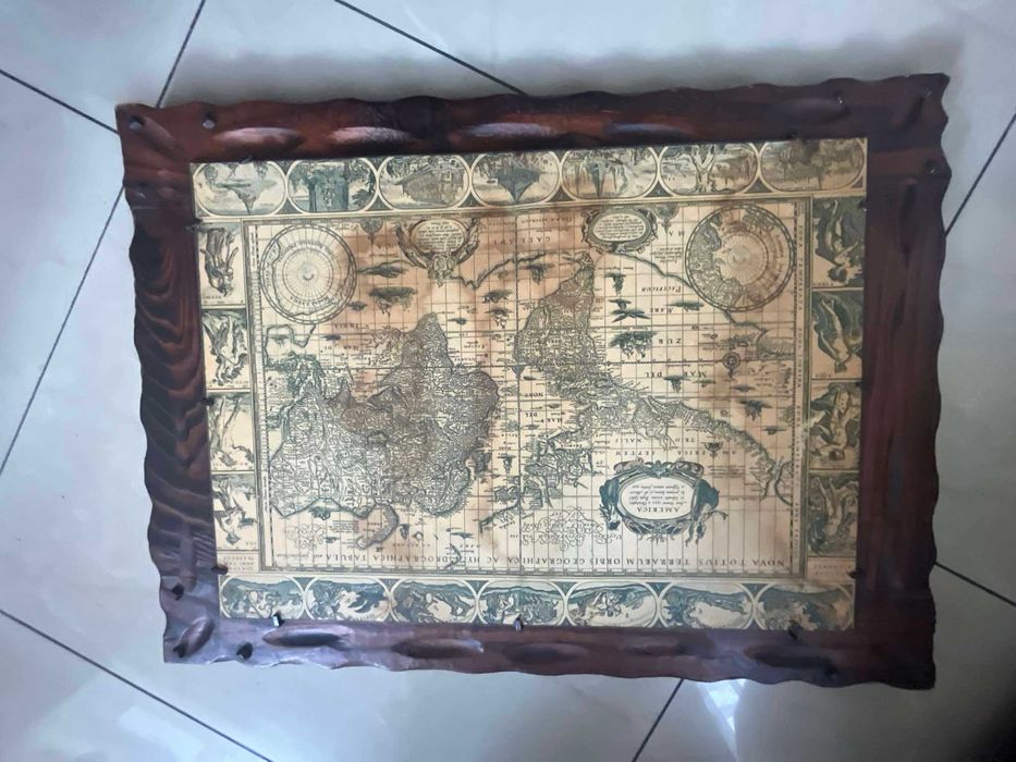 Stara antyczna mapa na drewnie Nova Totius Terrarum Orbis Tabula