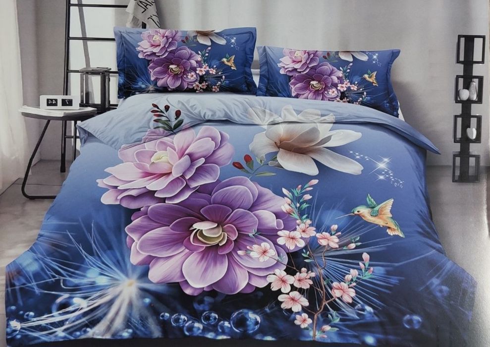 Komplet Pościeli Niebieska w Kwiaty 160x200cm, 4 częściowa