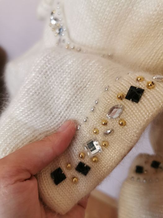 Sweter kardigan wełniany wełna angora kremowy beżowy kryształki L 40