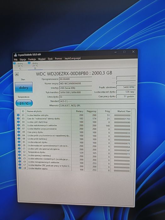 Dysk przenośny 2tb WD przepracowane 51 godzin okablowanie