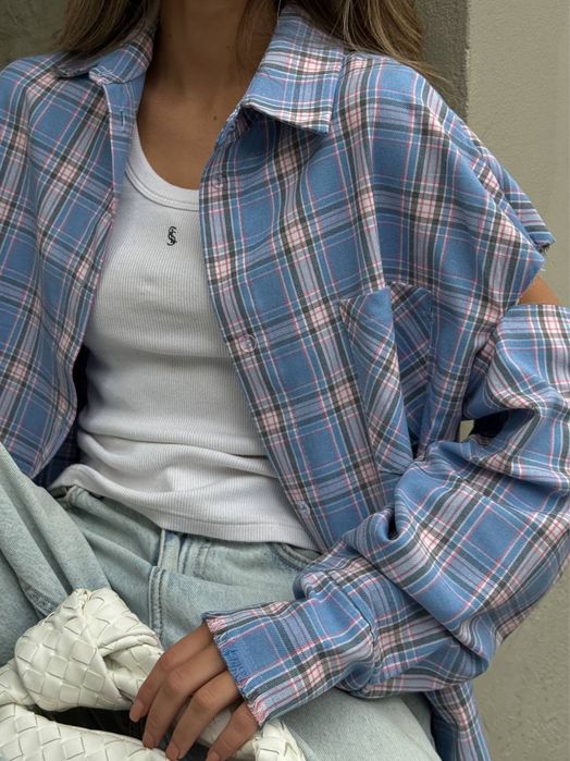 рубашка с разрезами на плечах рубашка жіноча рубашка у клітинку