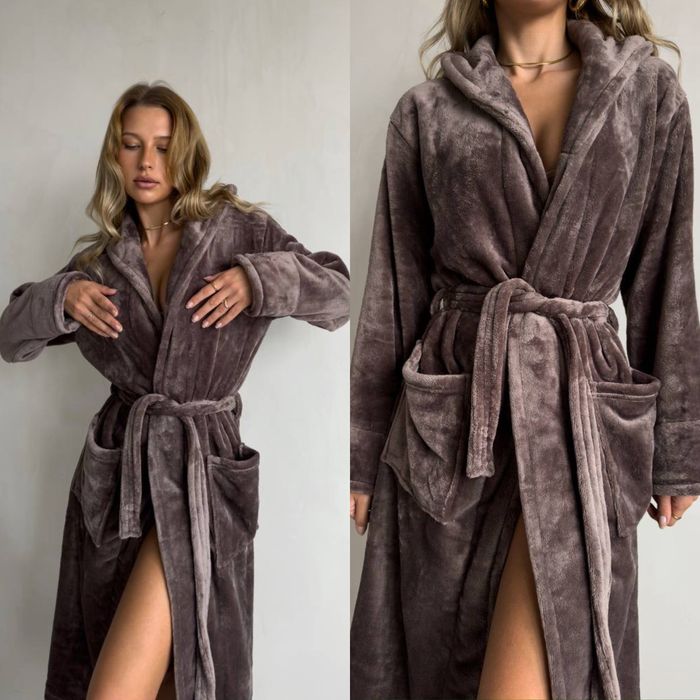 Теплий довгий халат для дому преміум м’який з поясом та кишенями