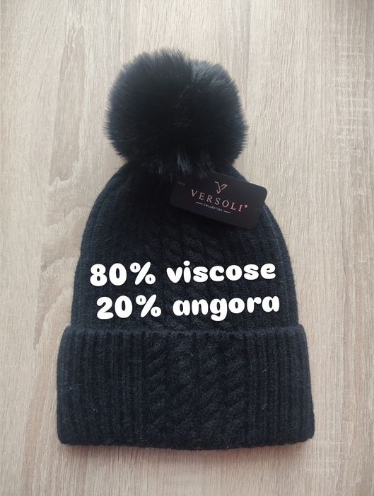 Czapka damska czarna ciepła z pomponem NOWA wiskoza angora