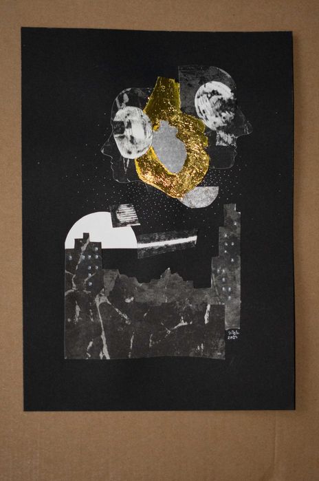 "Nocne rozmowy", kolaż, 21 x 29,7 cm, 2024.