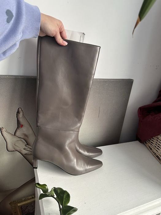 Skórzane kozaki z wysoka cholewka 40 reserved capuccino szpic szpilka