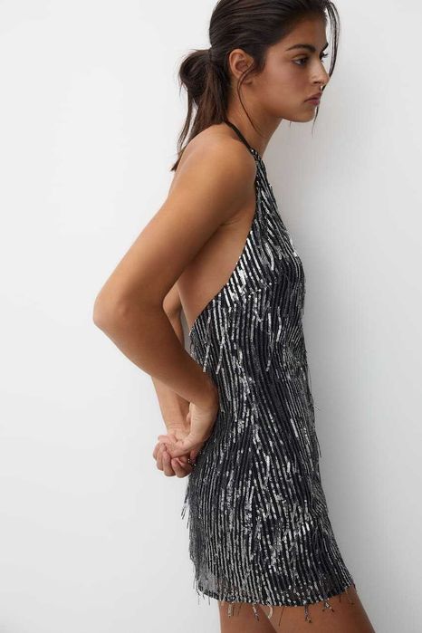 Srebrna sukienka z cekinami cekiny frędzle boho vintage dekolt plecy