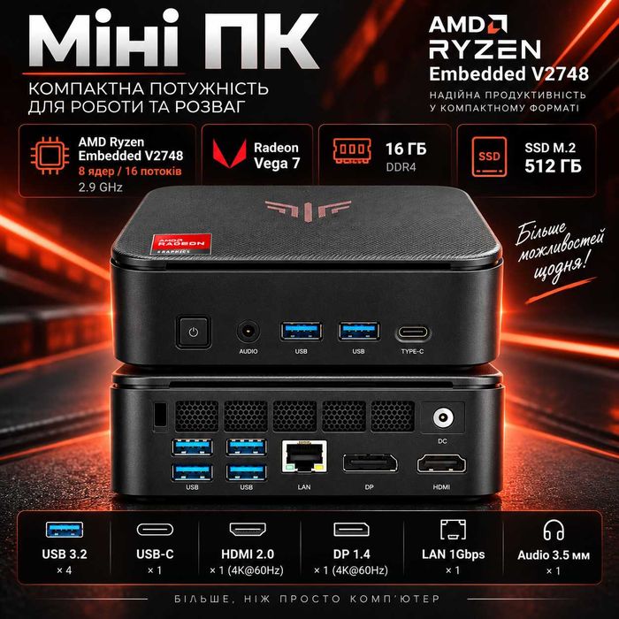 Ігровий міні ПК KAMRUI 8 ядер: Ryzen V2748/16Gb DDR4/VEGA 7/SSD M2 512