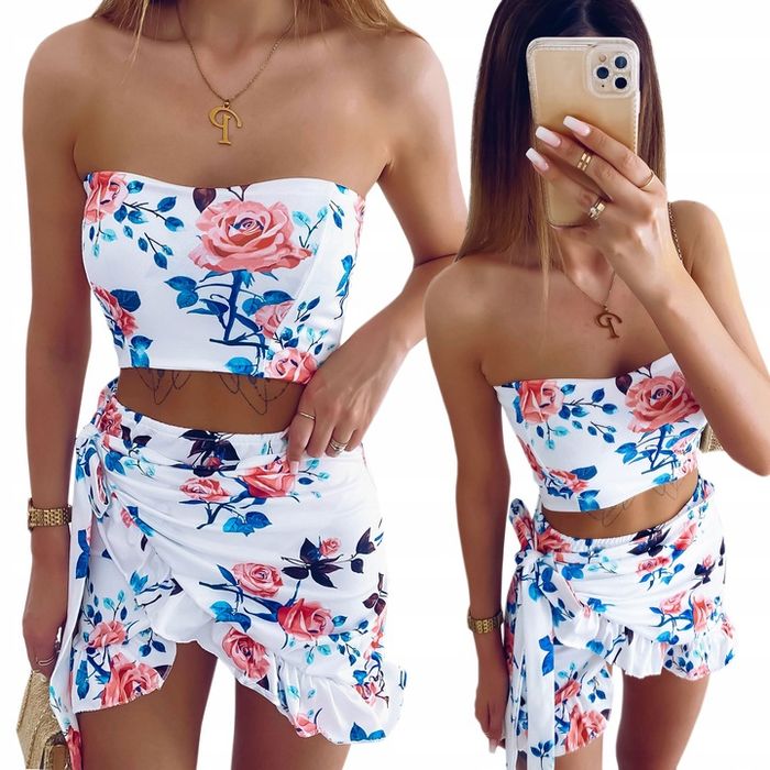Komplet Letni Kobiecy Top Spódniczka Mini Wzory