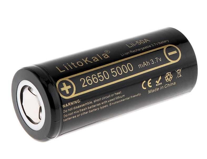 Аккумулятор Li-Ion 26650 LiitoKala Lii-50 5000mAh 3,7v высокоёмкий без защиты с плоским контактом до 25A