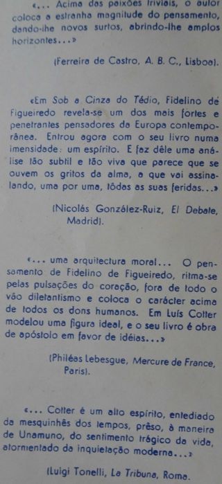 Sob A Cinza do Tédio de Fidelino de Figueiredo - 1ª Edição 1944