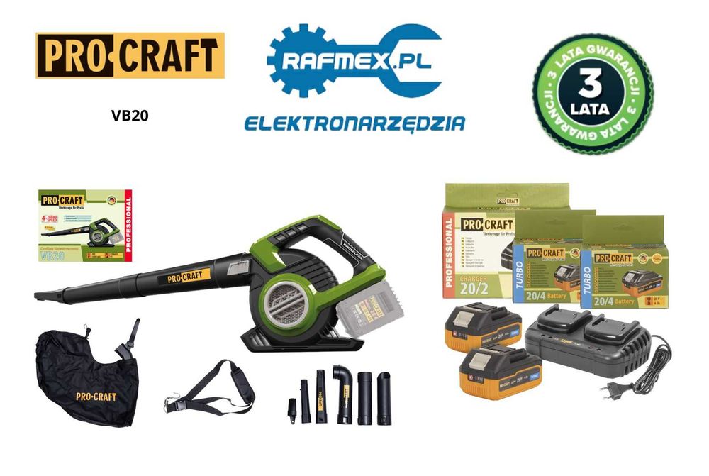 Procraft VB20 Dmuchawa Odkurzacz do liści z dwoma aku i ładowarką