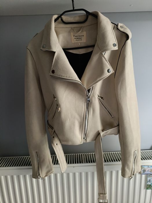 Beżowa kurtka przejściowa ramoneska XS S zamszowa