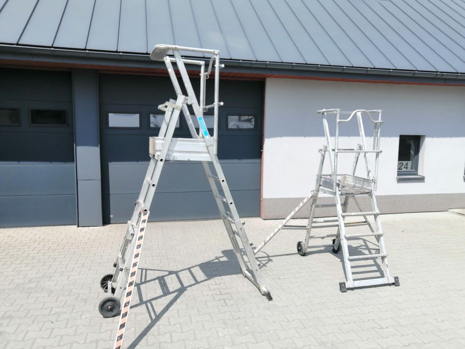 Drabina aluminiowa Zagres, podest roboczy, zasięg roboczy do 3,8m.