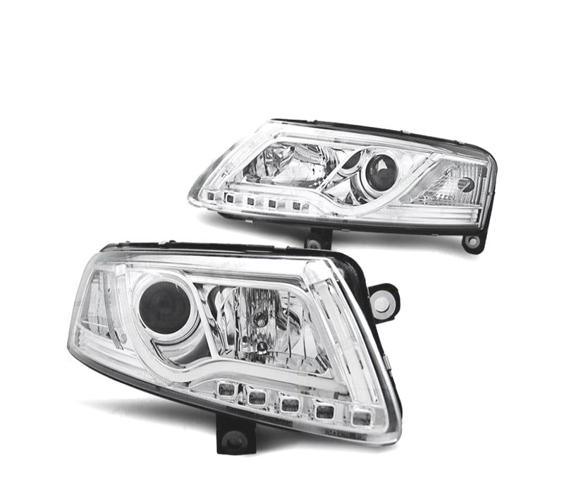 FARÓIS FRONTAIS AUDI A6 4F 04-08 TUBE LIGHT FUNDO CROMADO