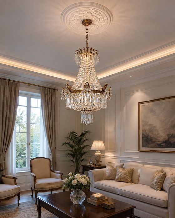 Lustre Antigo de Cristal com Estrutura em Bronze/Latão