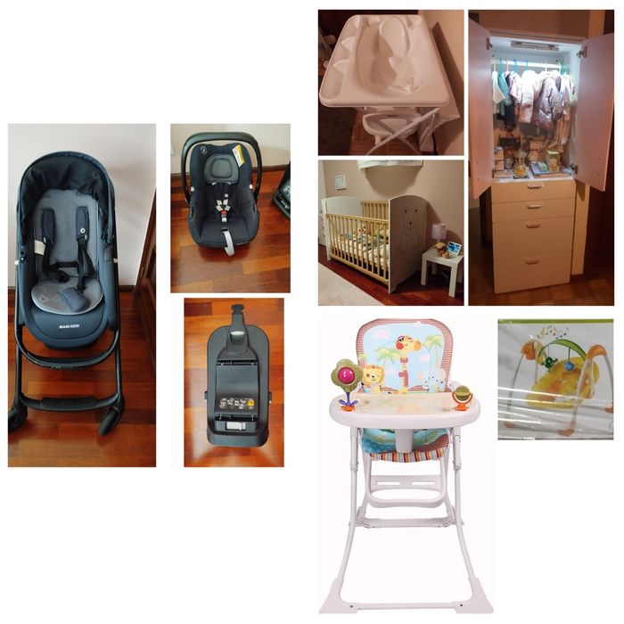 Conjunto maxi cosi (carrinho+cadeira+isofix) +berço +colchão +armário