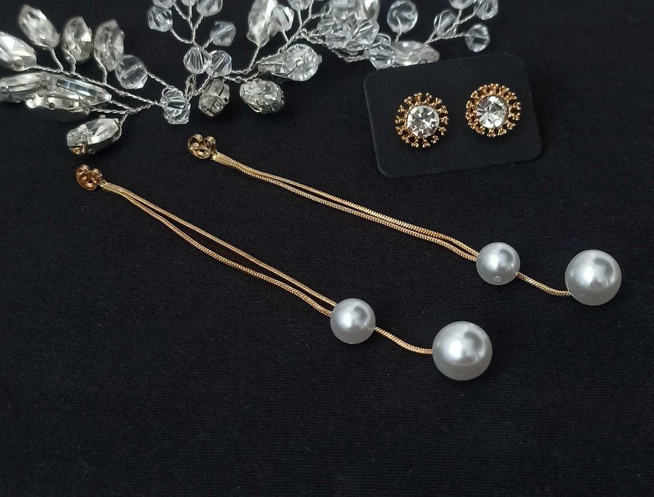 Kolczyki perełki na łańcuszku z cyrkonią kolor złoty