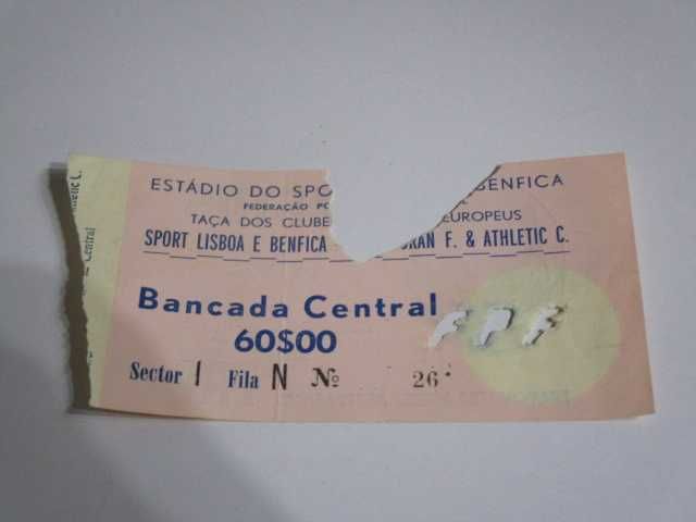 bilhete jogo Taça Campeões Europeus Benfica vs Glentoran anos 60