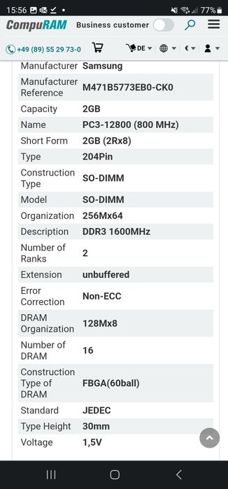 2x 2GB DDR3 1600Mhz PC3-12800S