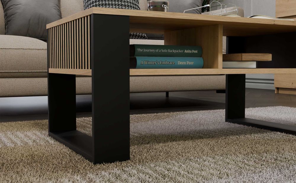 Stolik Kawowy MODERN 2P SLIM Ława z 2 Półkami  DĄB ARTISAN / CZARNY