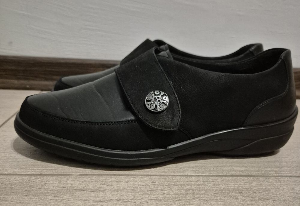 Buty SOLIDUS na szeroką stopę, czarne, skórkowe, na rzep, rozm.42,5