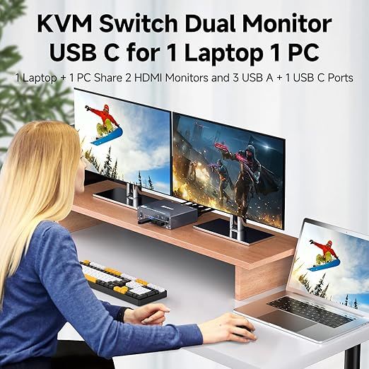 YOUTINGHDAV Przełącznik KVM USB C 2 PC 2 Monitory HDMI 4K 60 Hz