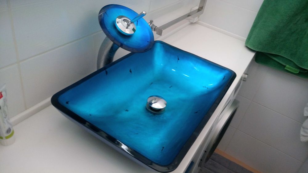 Умивальник Kraus + змішувач водоспад блакитний перламутр